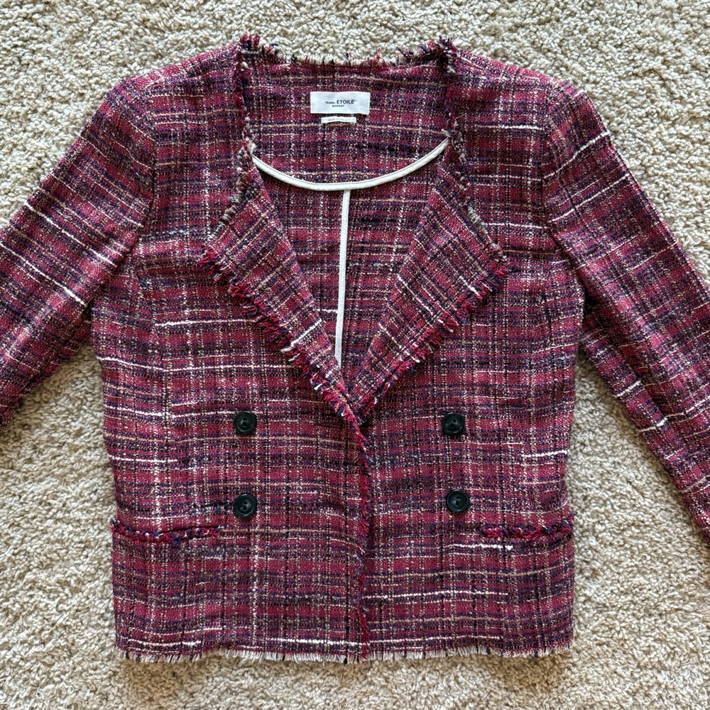 Isabel Marant Étoile Tweed Double Breasted Fringed Jacket Cotton Red Crop Blazer